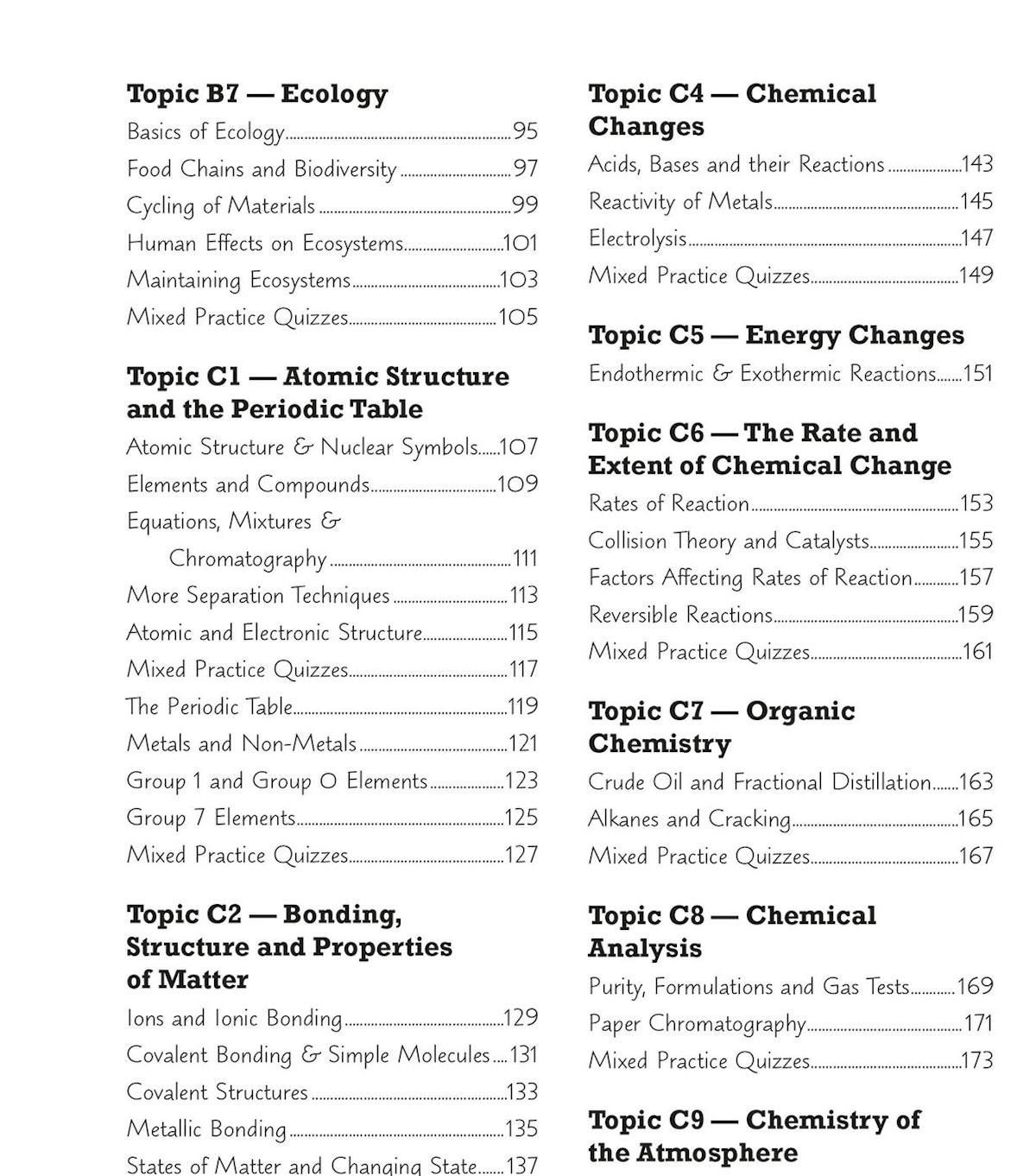 Contents page listing biology, chemistry and physics topics