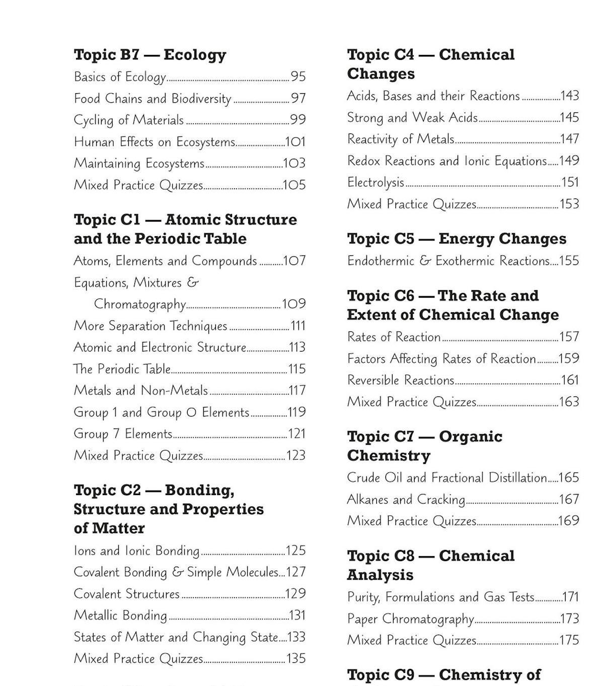 Contents page listing Biology, Chemistry and Physics topics by specification code
