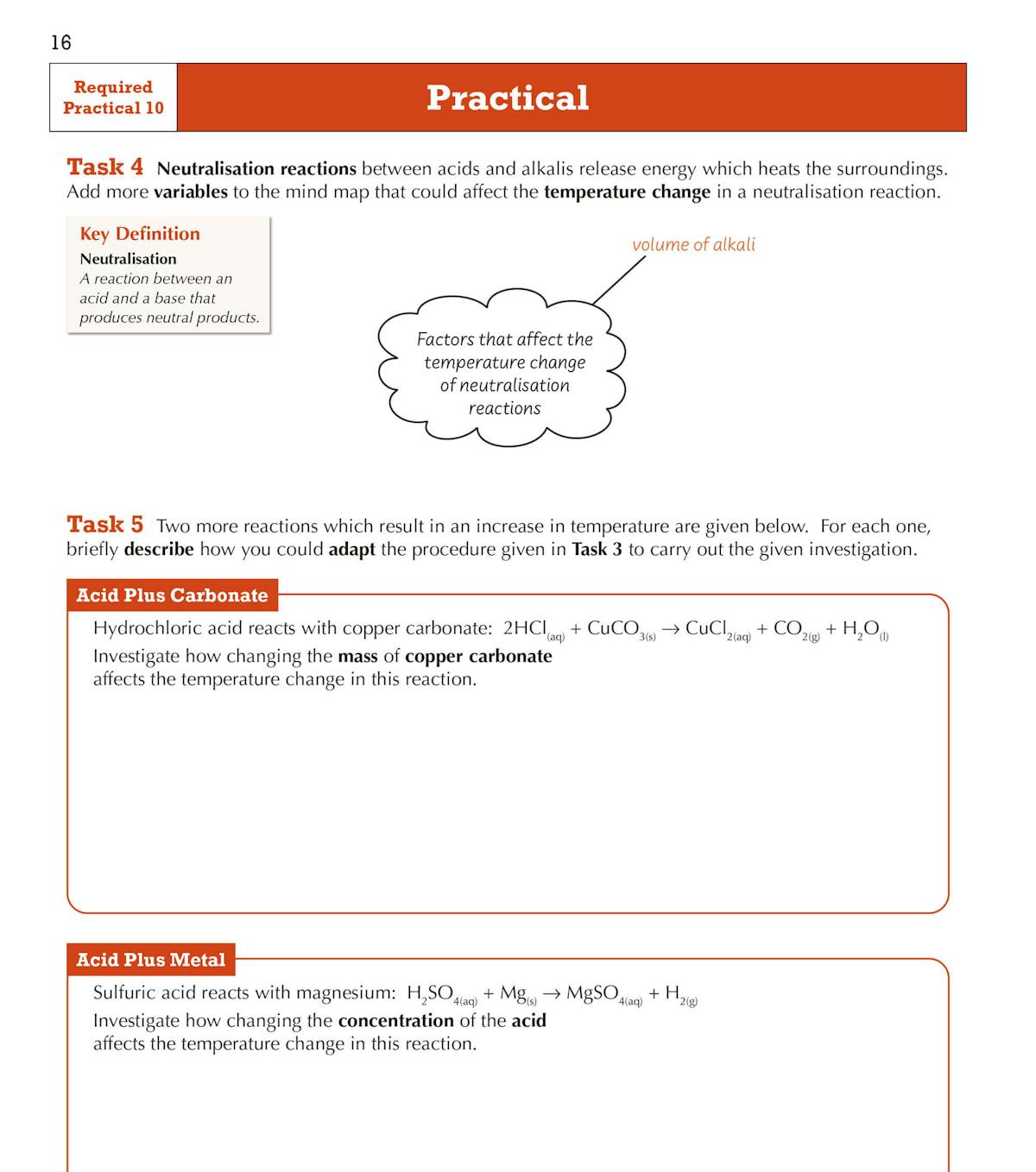 Sample page showing Task 4 on neutralisation reactions with a mind map and key definitions