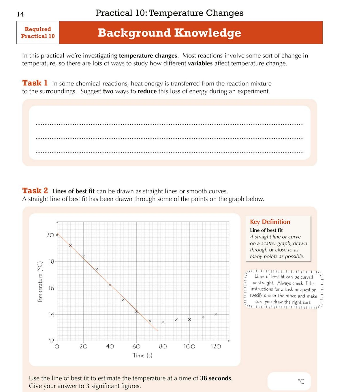 Sample task page showing temperature change practical with step-by-step diagrams and questions