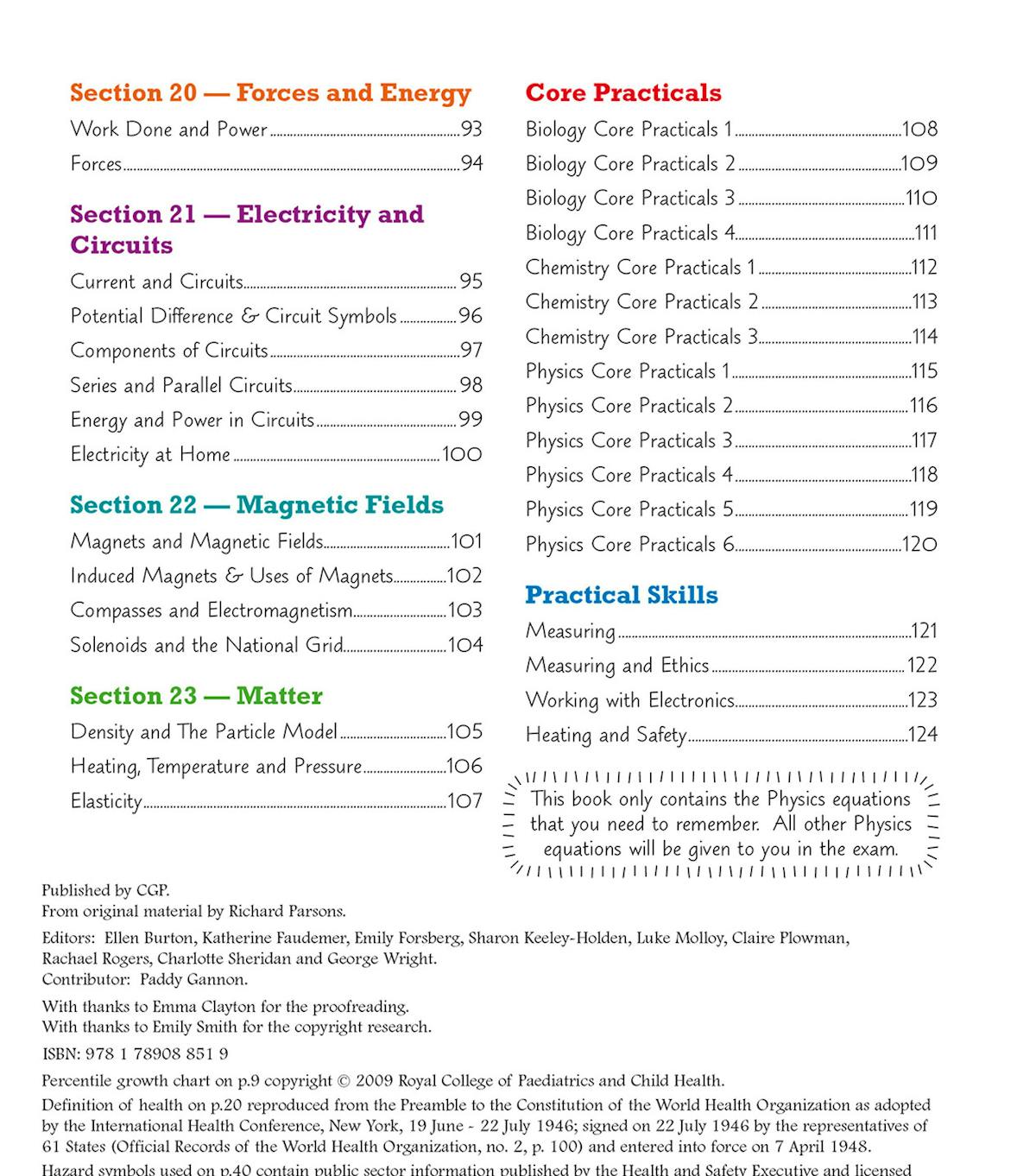 Contents pages showing Biology, Chemistry and Physics sections with Core Practicals and Practical Skills topics