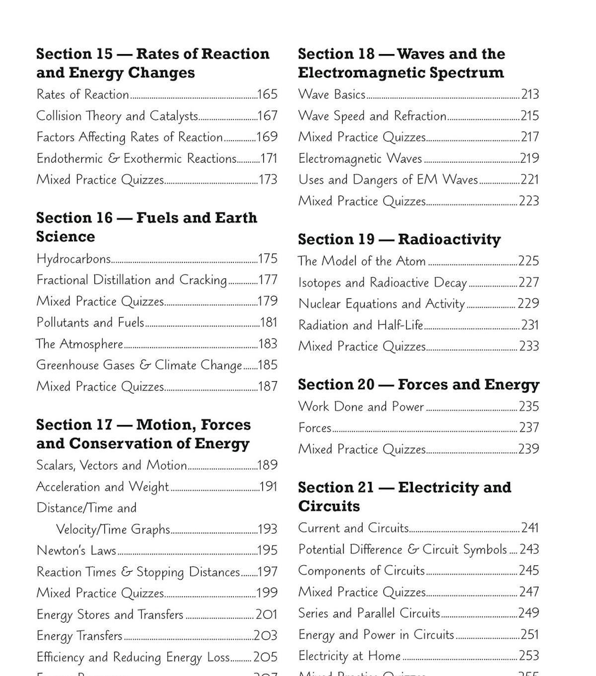 Inside pages showing mixed practice quiz questions covering multiple science topics