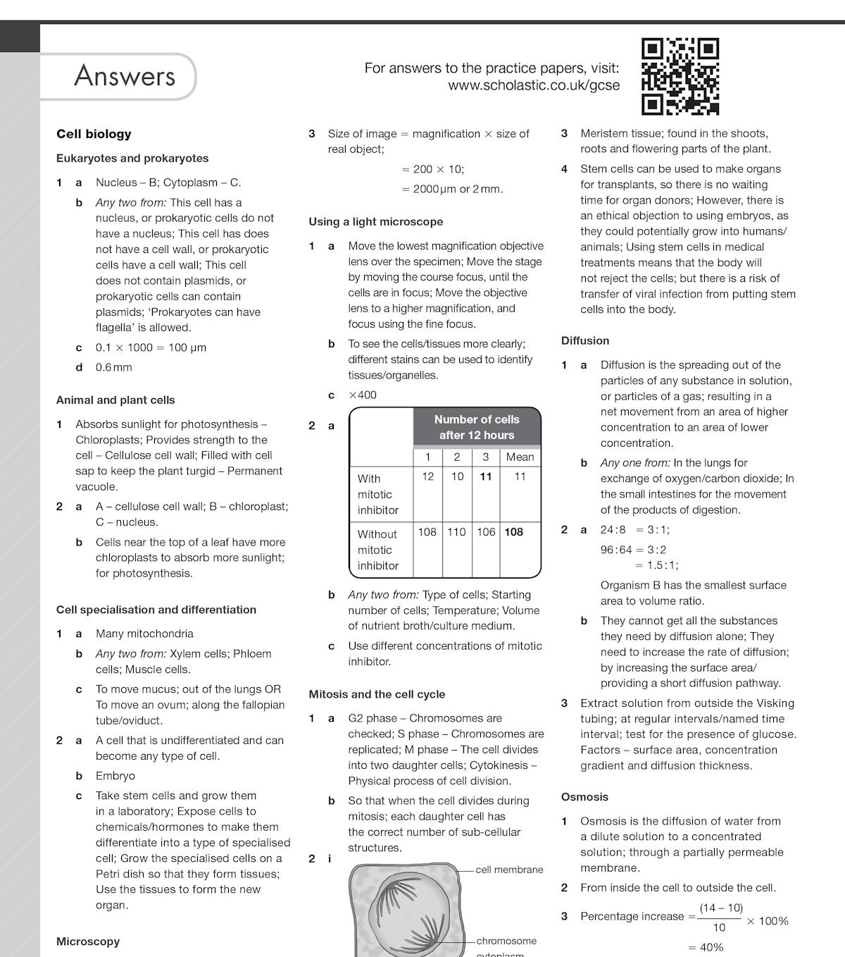Answers section displaying worked solutions for cell biology, microscopy and diffusion topics