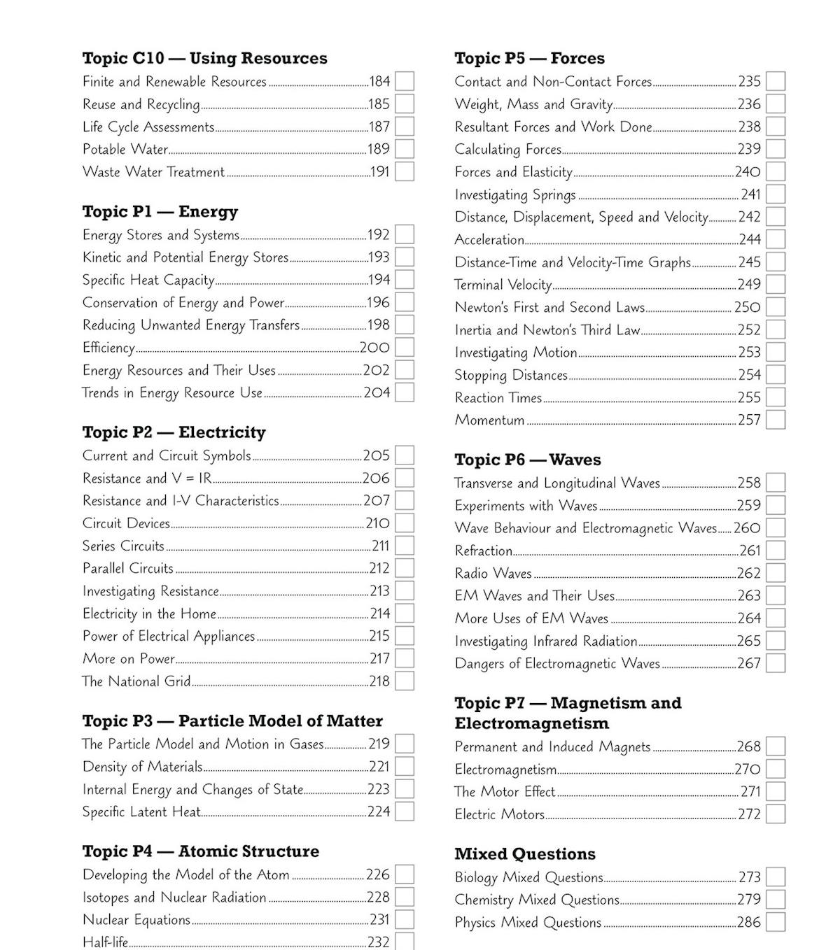 Contents page showing Biology, Chemistry and Physics topics with page numbers and tick boxes