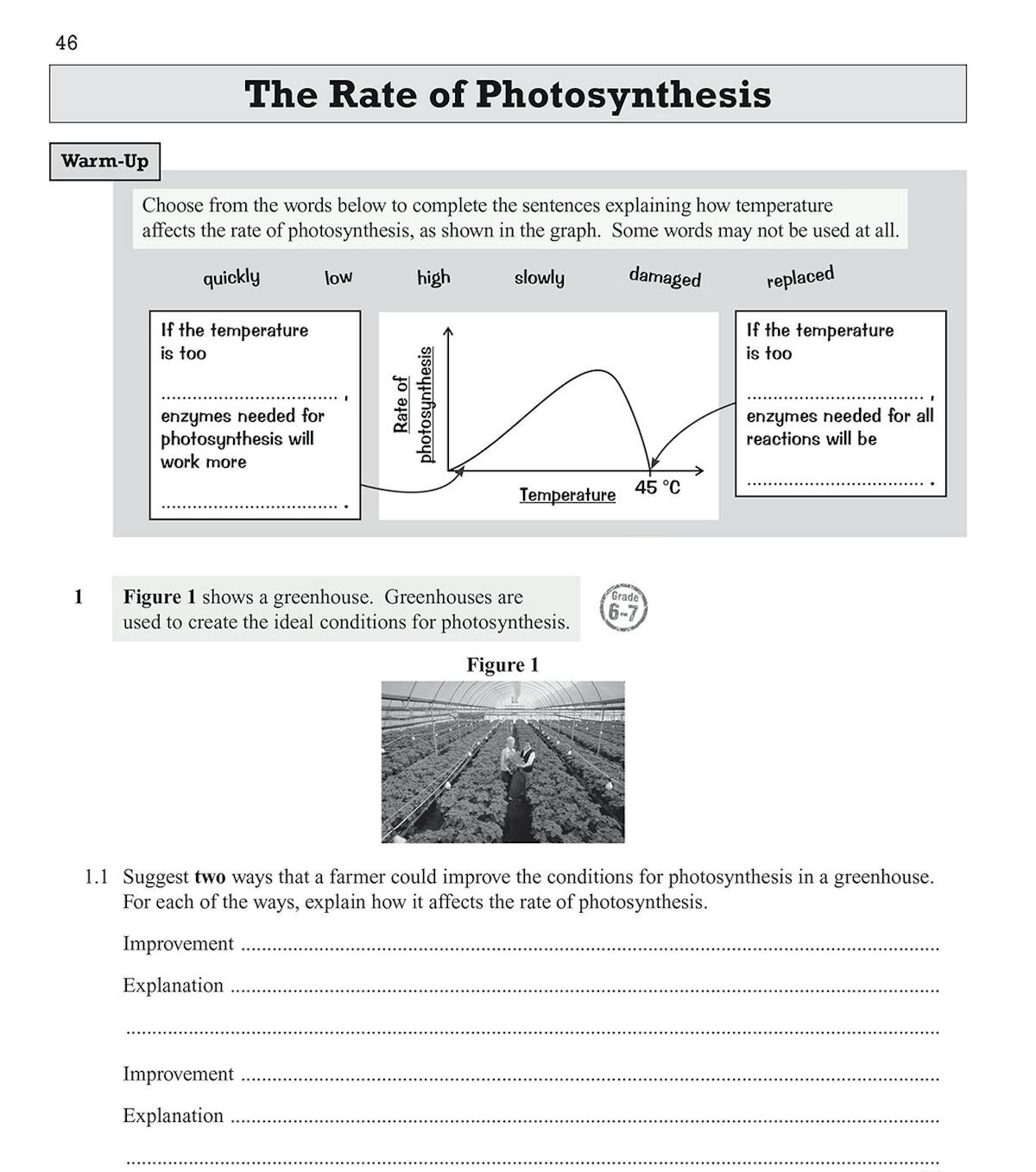 Sample Biology exam question on photosynthesis with warm-up task, diagram of greenhouse and answer lines