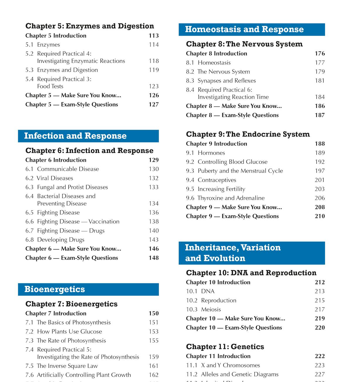 Contents pages showing chapter headings for Enzymes, Nervous System, Endocrine System, and Genetics