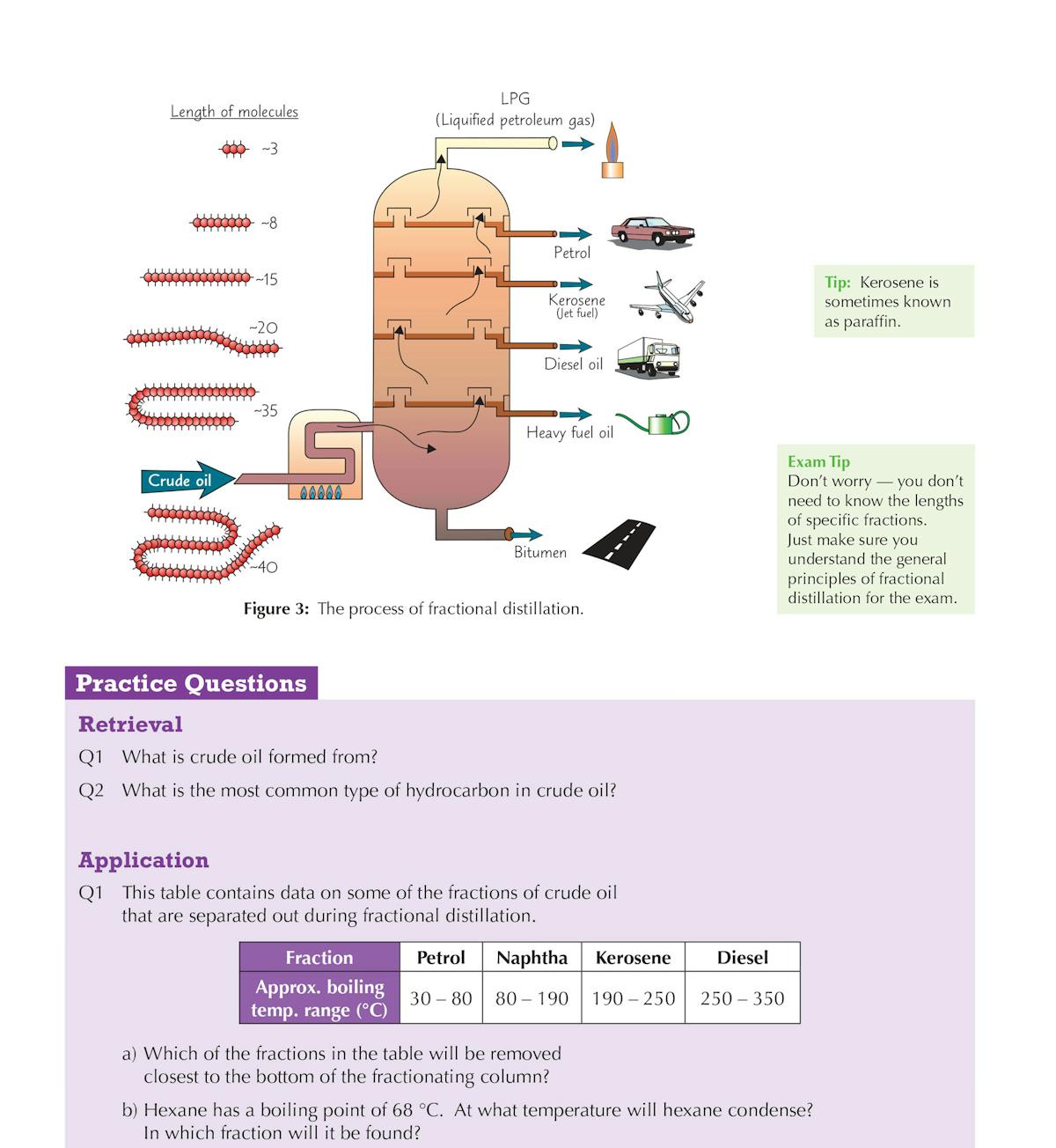 Fractional distillation diagram with practice questions on crude oil and hydrocarbons