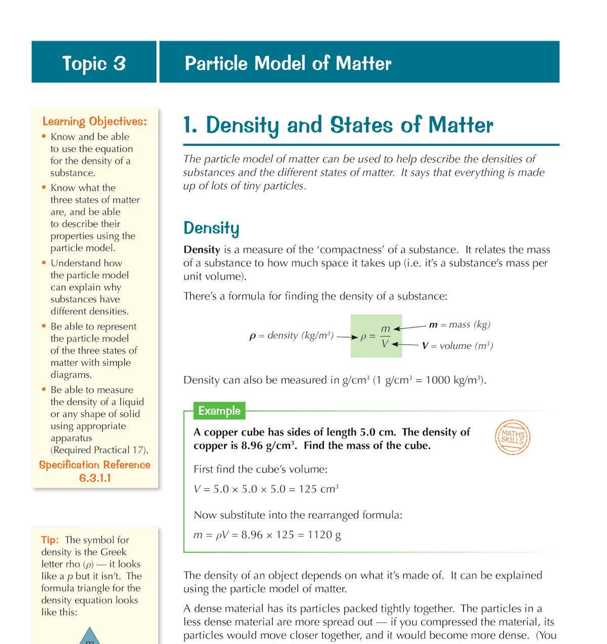 Sample page showing density and states of matter with learning objectives, worked examples and diagrams