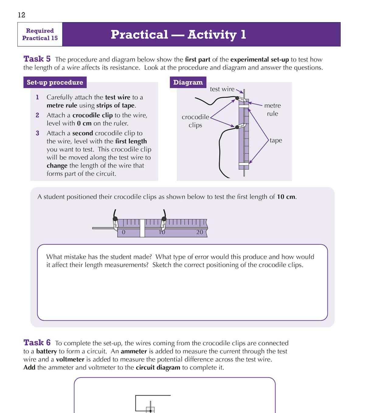 Sample page showing Required Practical 15 activity with setup procedure, diagram and student task questions