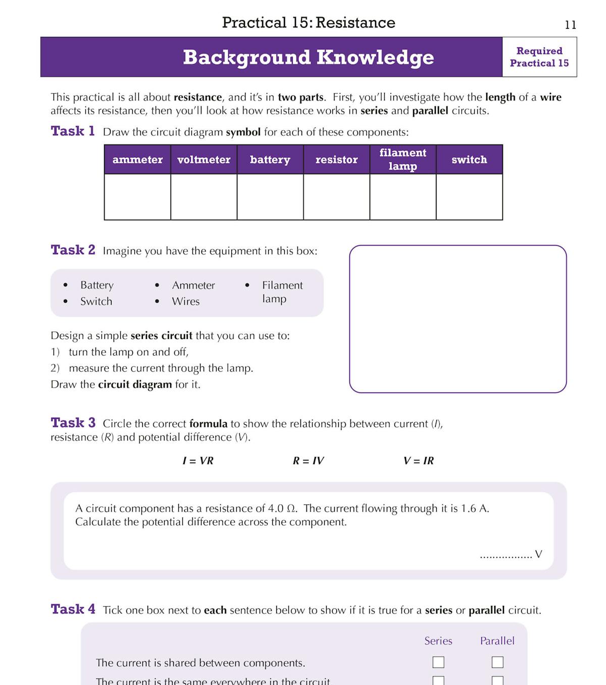 Sample page showing background knowledge tasks for Required Practical 15 on Resistance