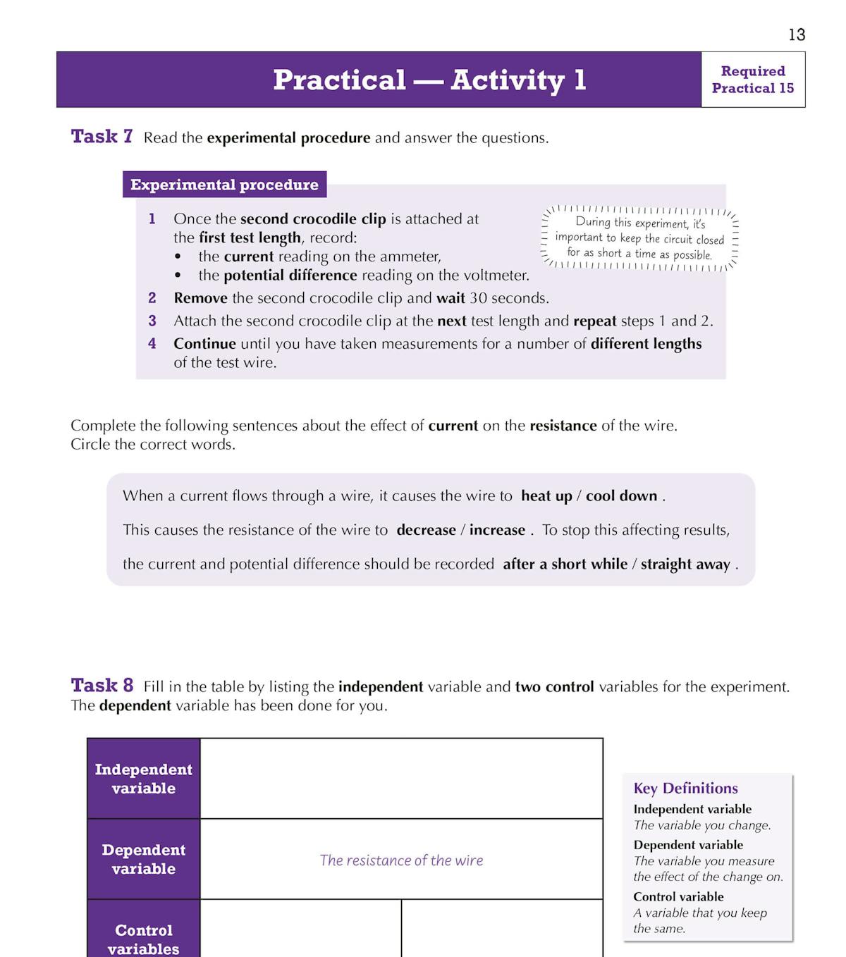 Practical activity page showing experimental procedure and tasks for investigating resistance