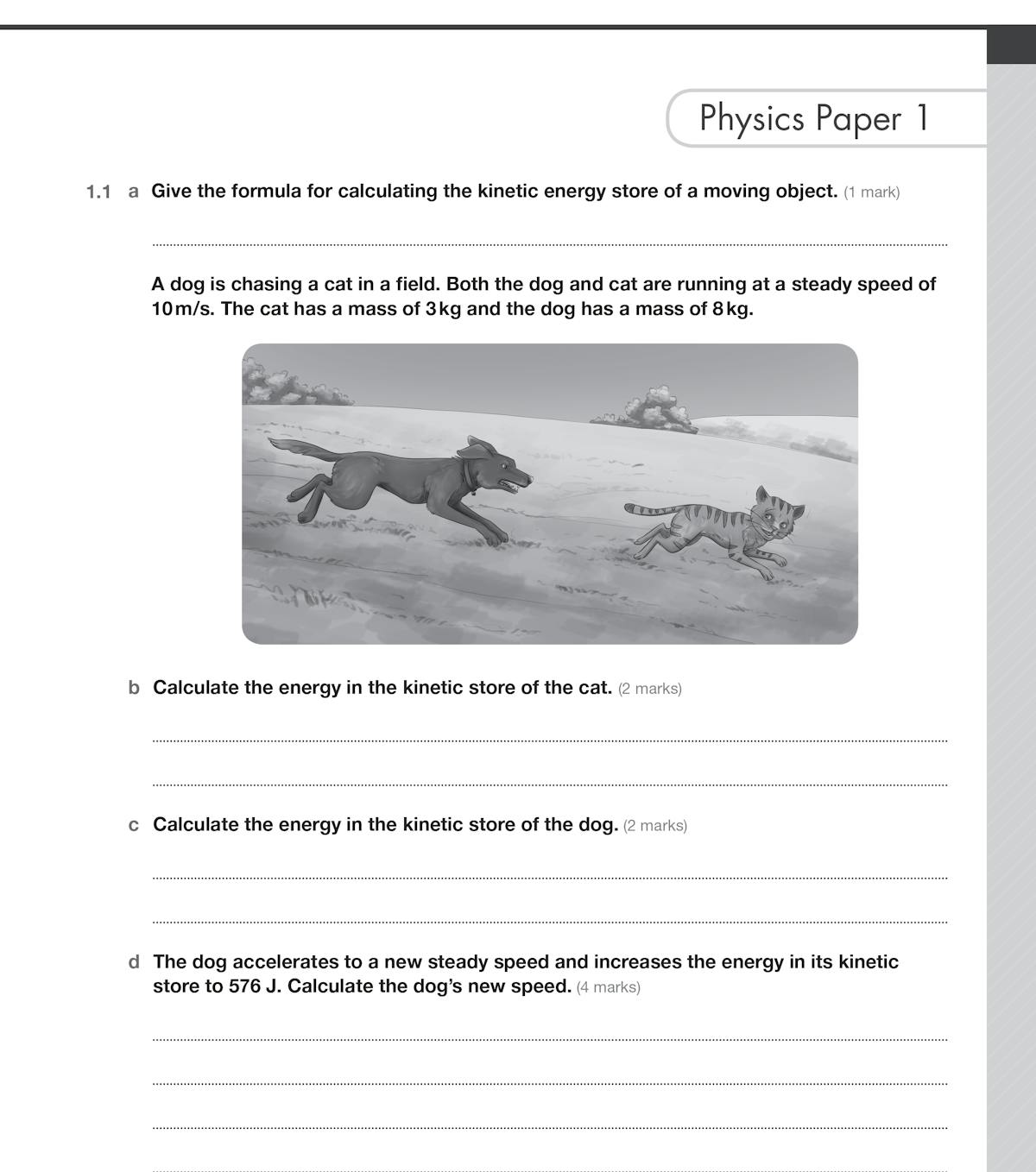 Sample physics exam question page showing kinetic energy calculations with illustration