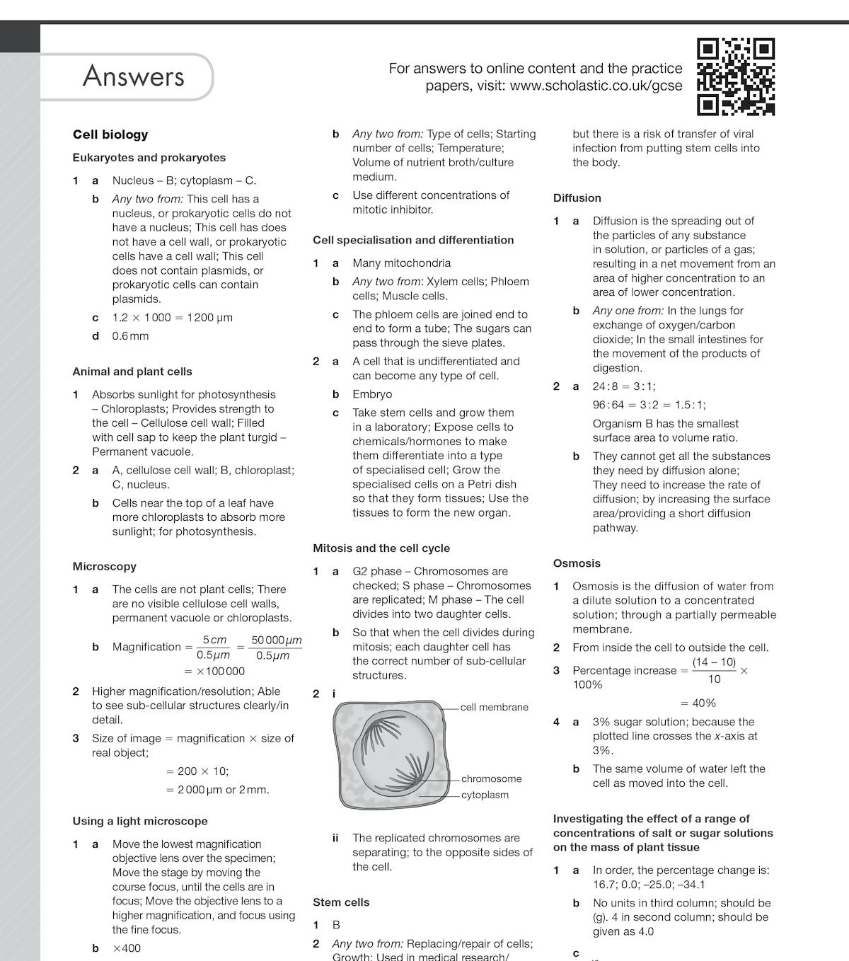 Answer pages showing detailed solutions for biology topics including cell biology and diffusion