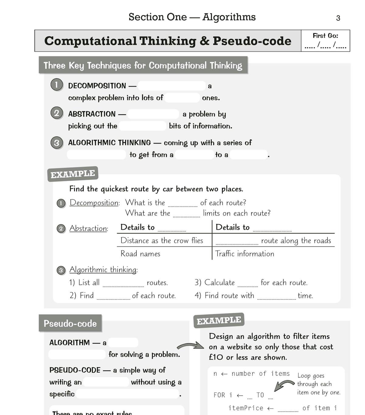 Sample page showing fill-in-the-blank exercises on computational thinking and pseudo-code