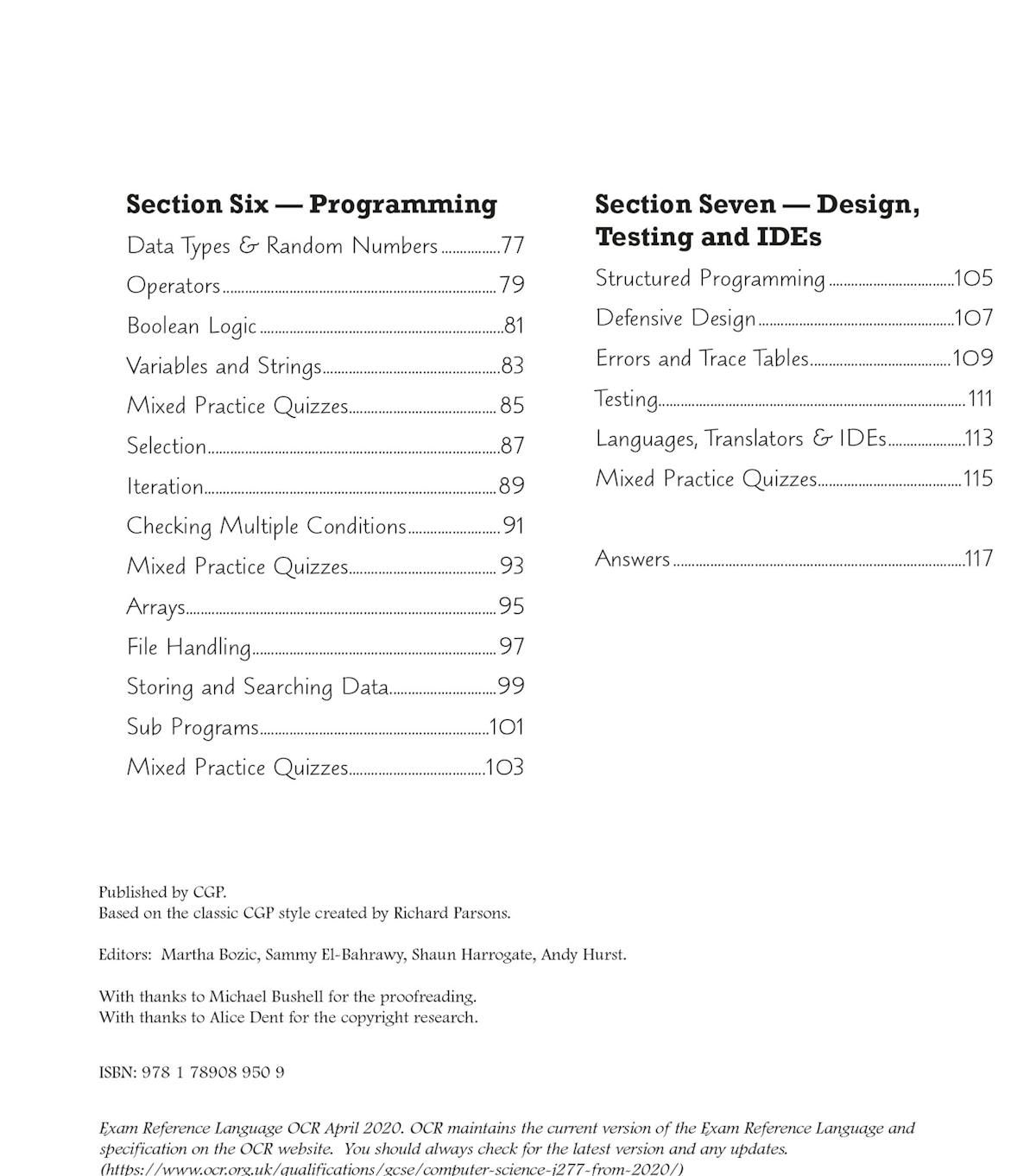 Contents page displaying sections on Programming, Design, Testing and IDEs with page numbers