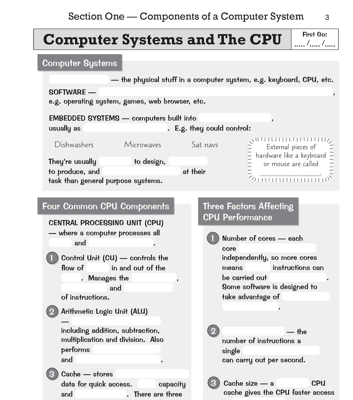 Sample page showing Computer Systems and CPU components with fill-in-the-blank exercises