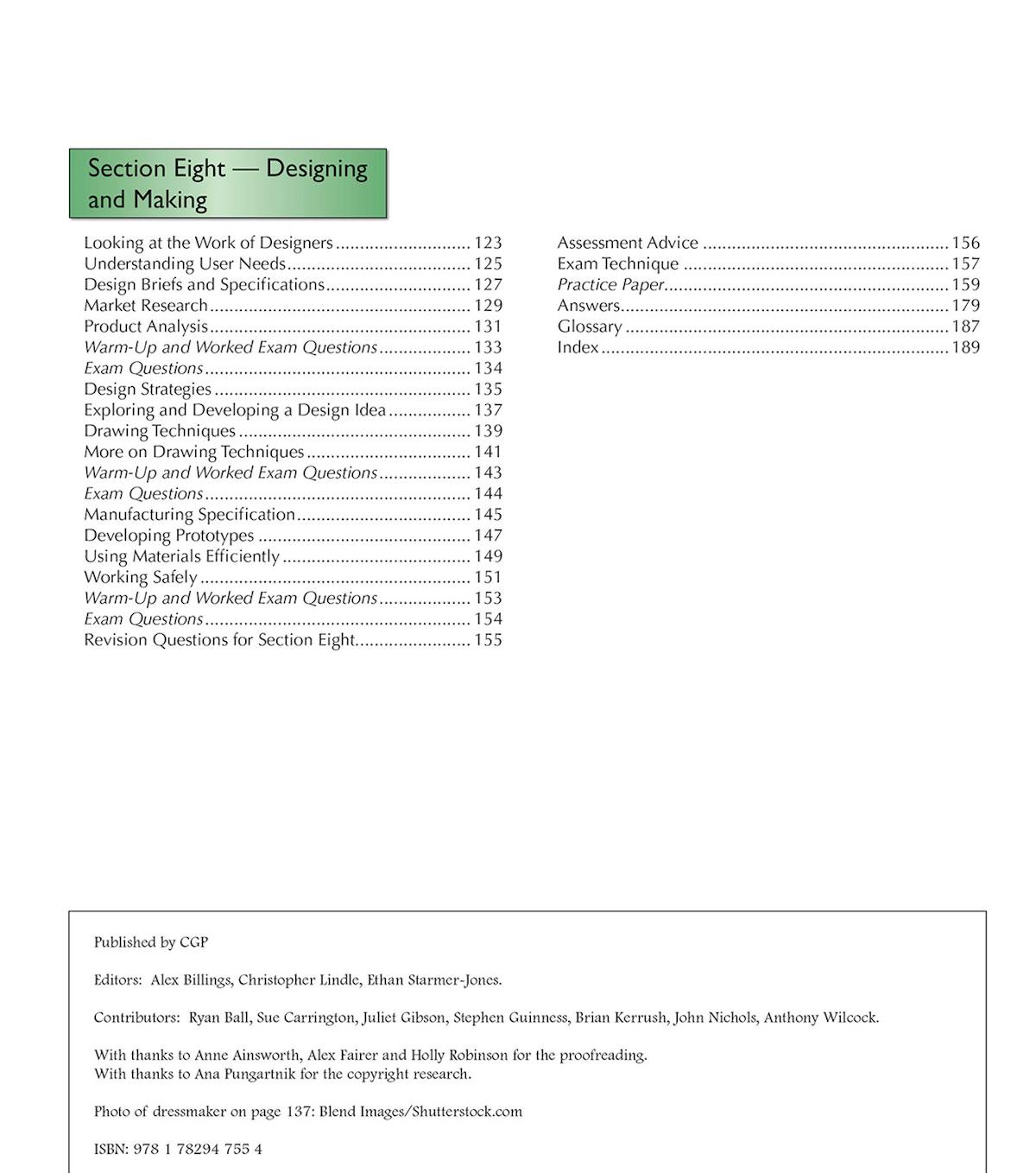 Contents page for Section Eight covering designing and making topics
