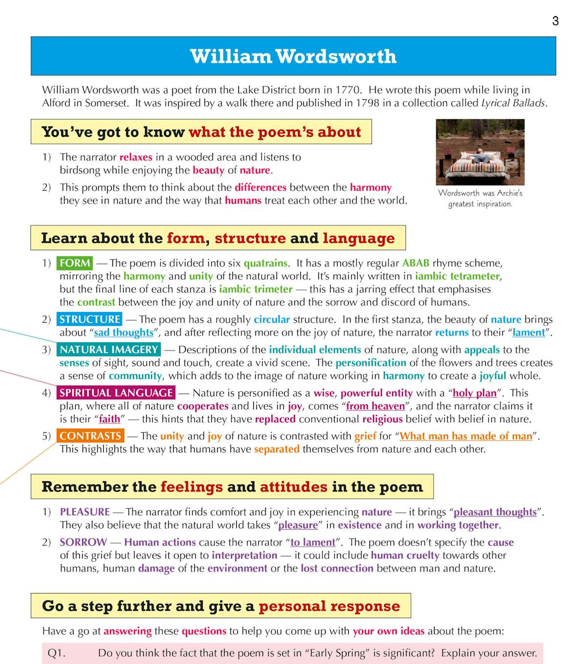Sample page showing detailed analysis of Wordsworth's 'Lines Written in Early Spring' with annotations on form, structure, language and context