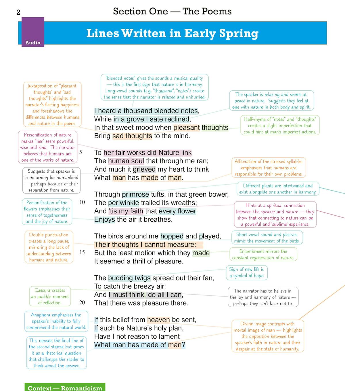 Inside page demonstrating comparative poetry analysis with theme-based groupings and key poetic techniques highlighted