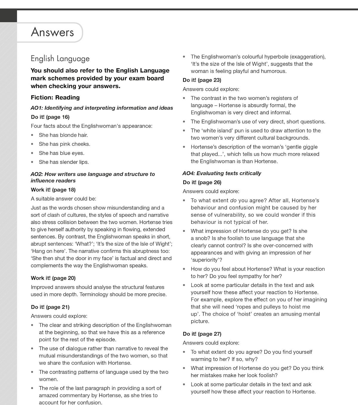 Sample pages from the GCSE English workbook showing detailed answer guidance and exam-style questions
