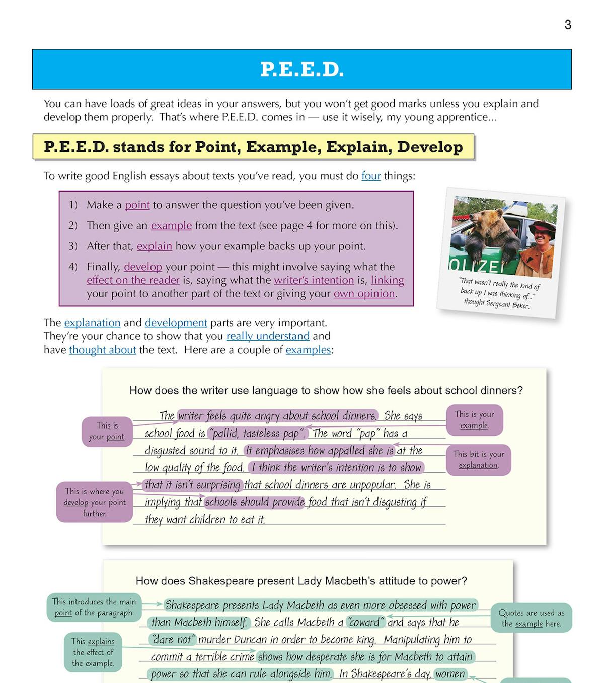 Sample page demonstrating the P.E.E.D. writing technique with annotated examples