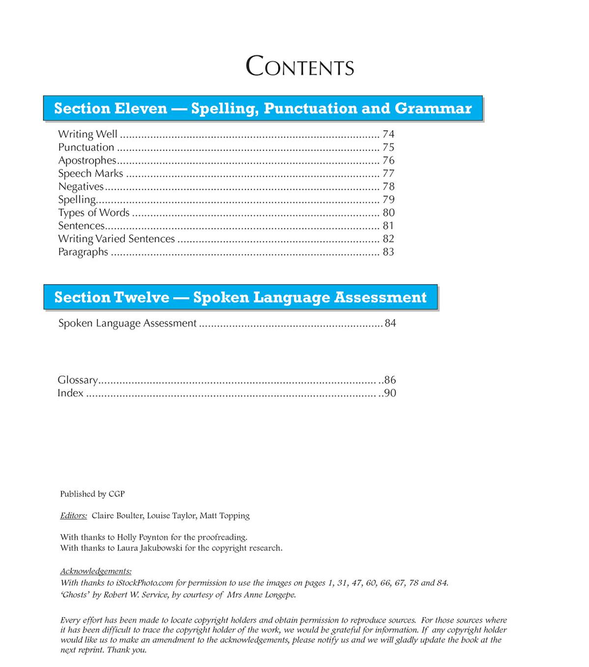 GCSE English Language and Literature Revision Guide showing contents page with topics including Spelling, Punctuation and Grammar