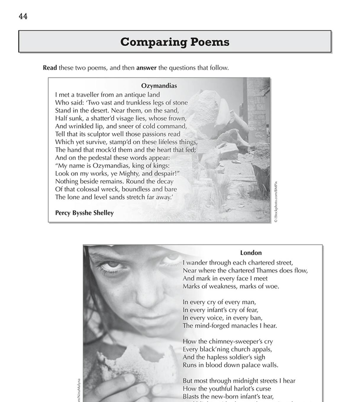 GCSE English Language and Literature Workbook page showing Comparing Poems section with Ozymandias and London poems