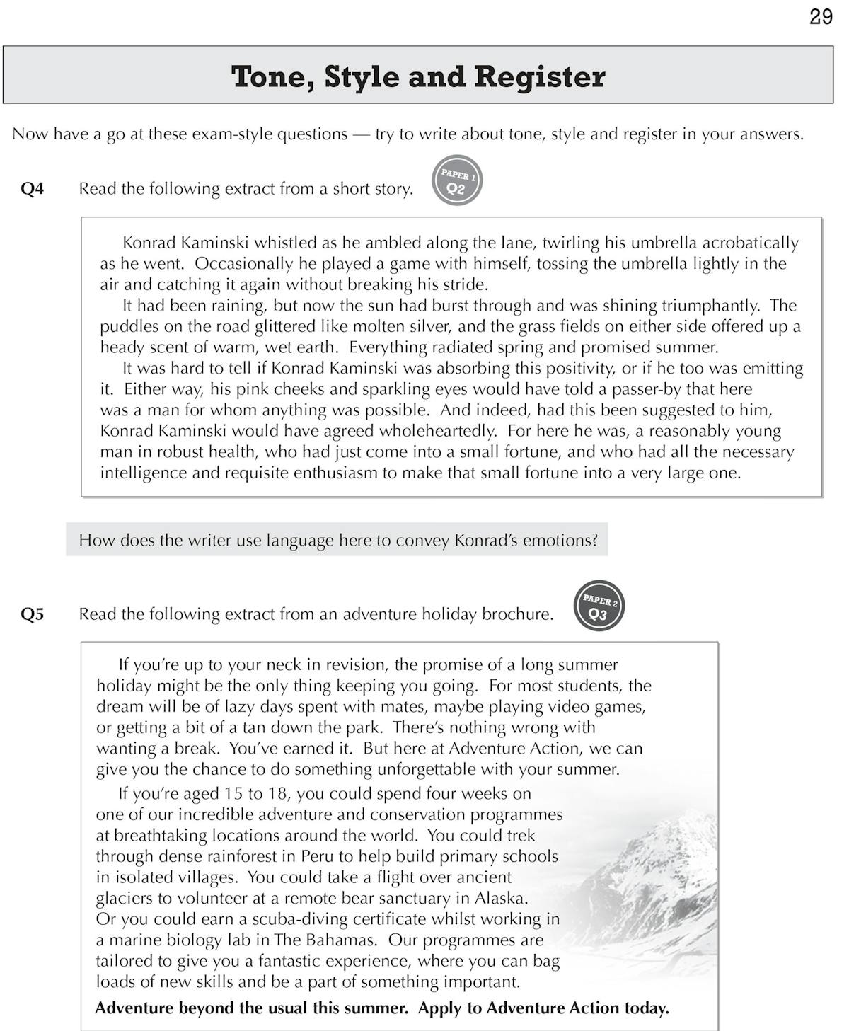 Workbook page demonstrating language analysis and exam-style response guidance
