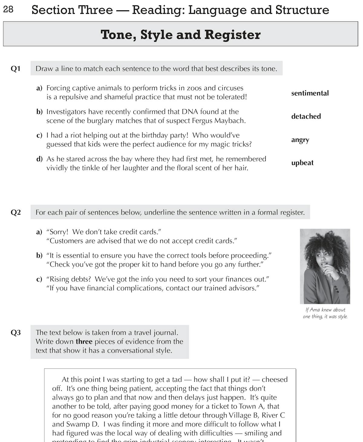 Sample workbook page showing tone, style and register reading comprehension questions