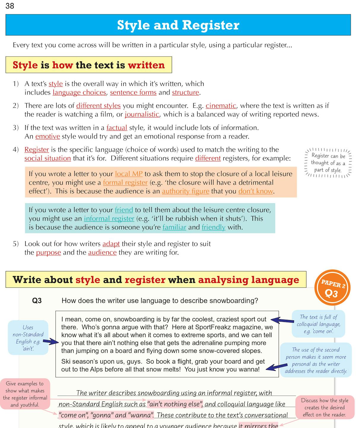 Inside page showing style and register explanation with example questions