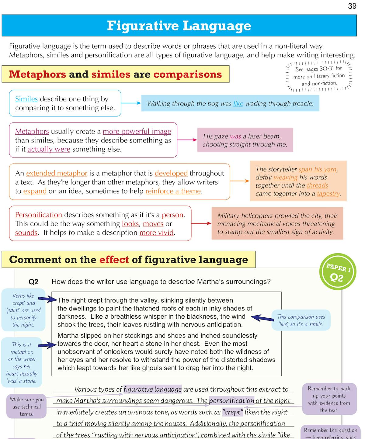 Inside page explaining figurative language with annotated example answers