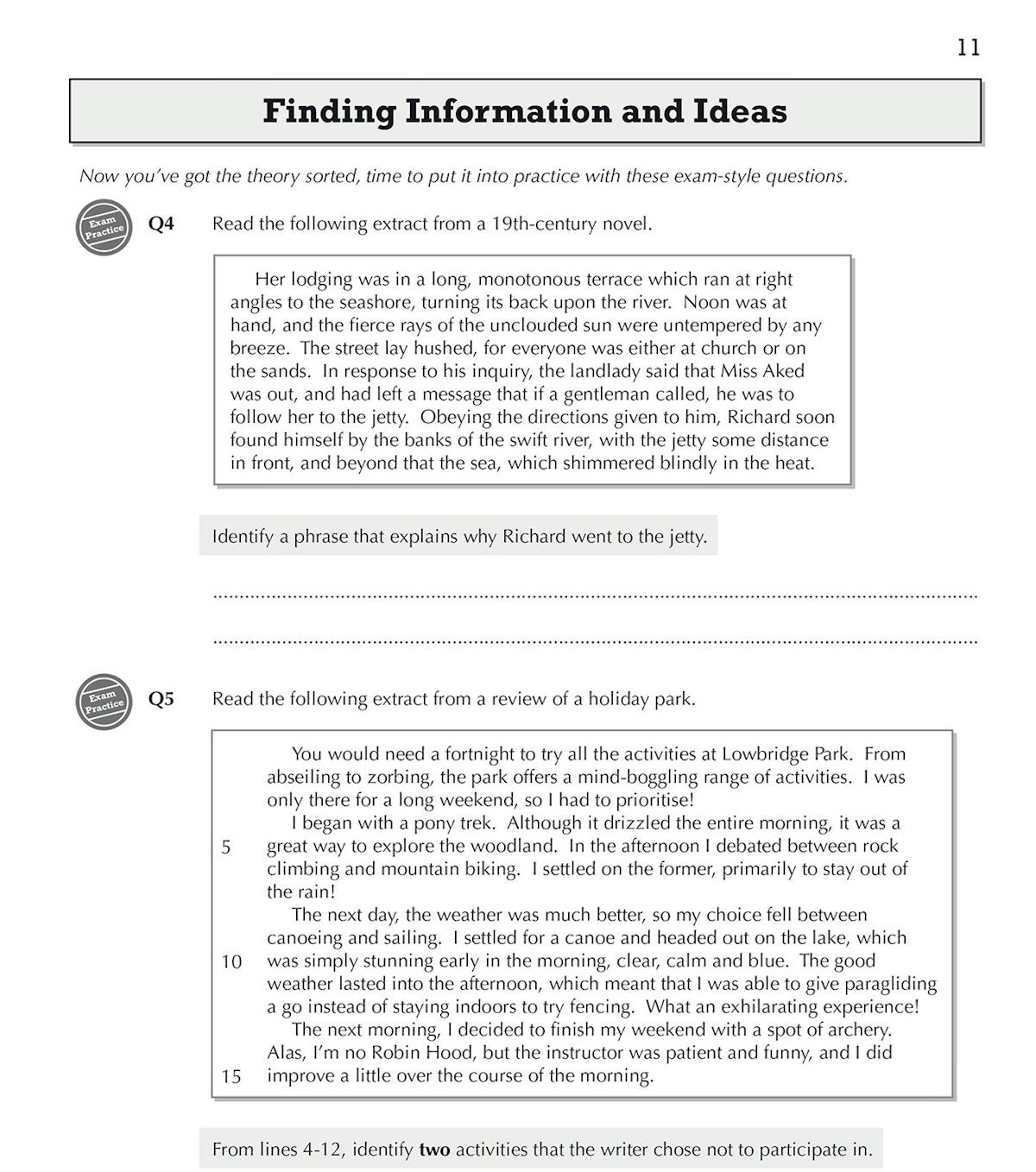 Inside page showing exam-style reading comprehension questions with 19th-century text extract