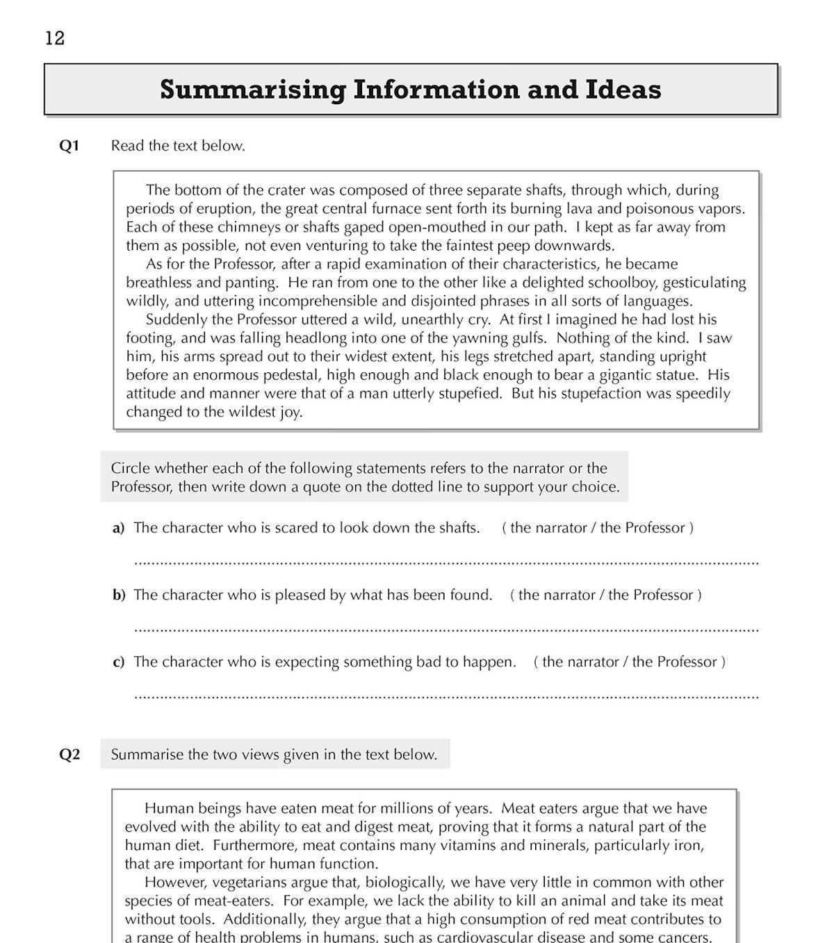 Inside page showing summarising tasks with numbered text extracts and answer lines
