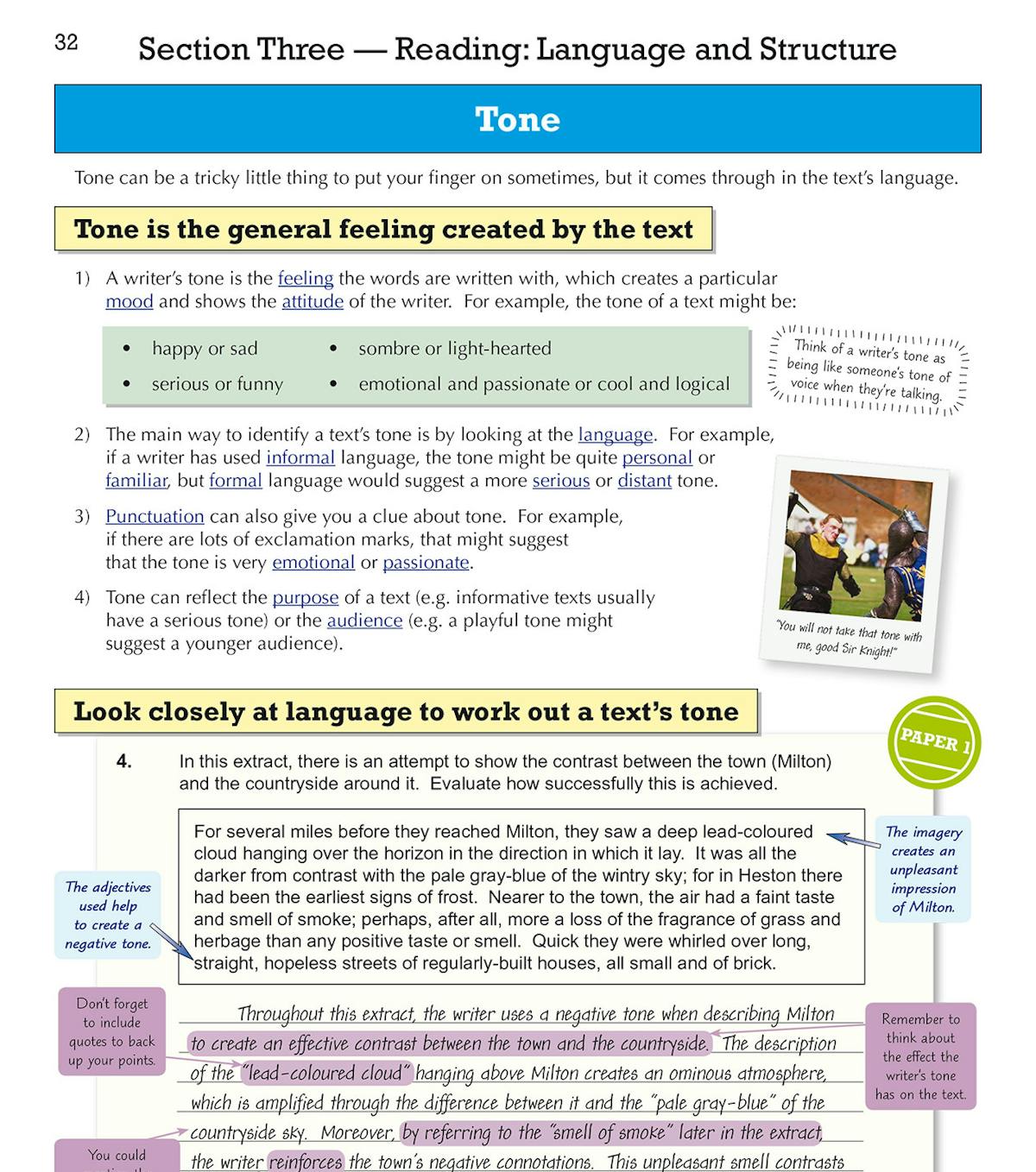 Sample page showing tone analysis and language features in GCSE English Language