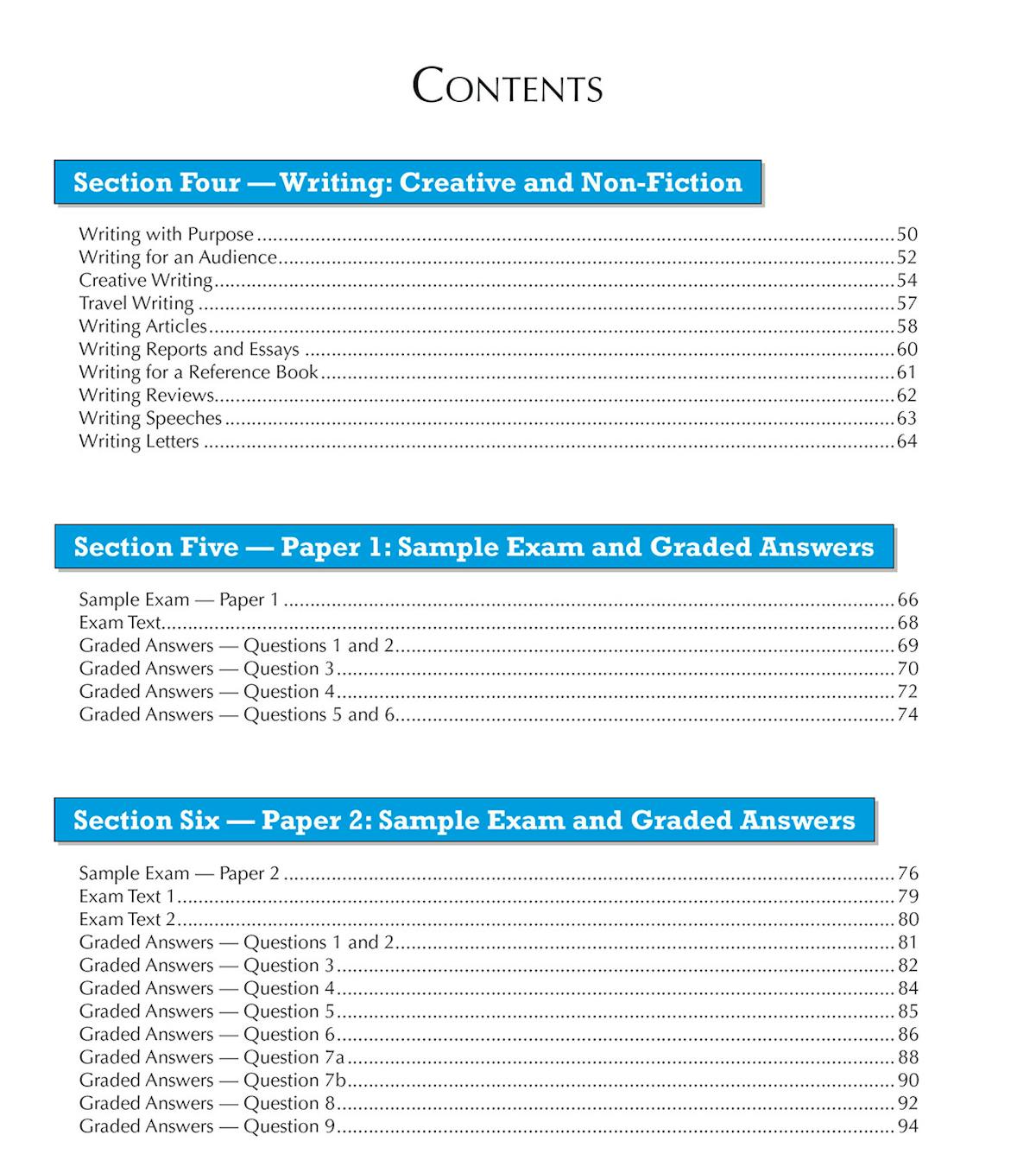 Contents page listing creative writing, non-fiction, and sample exam sections