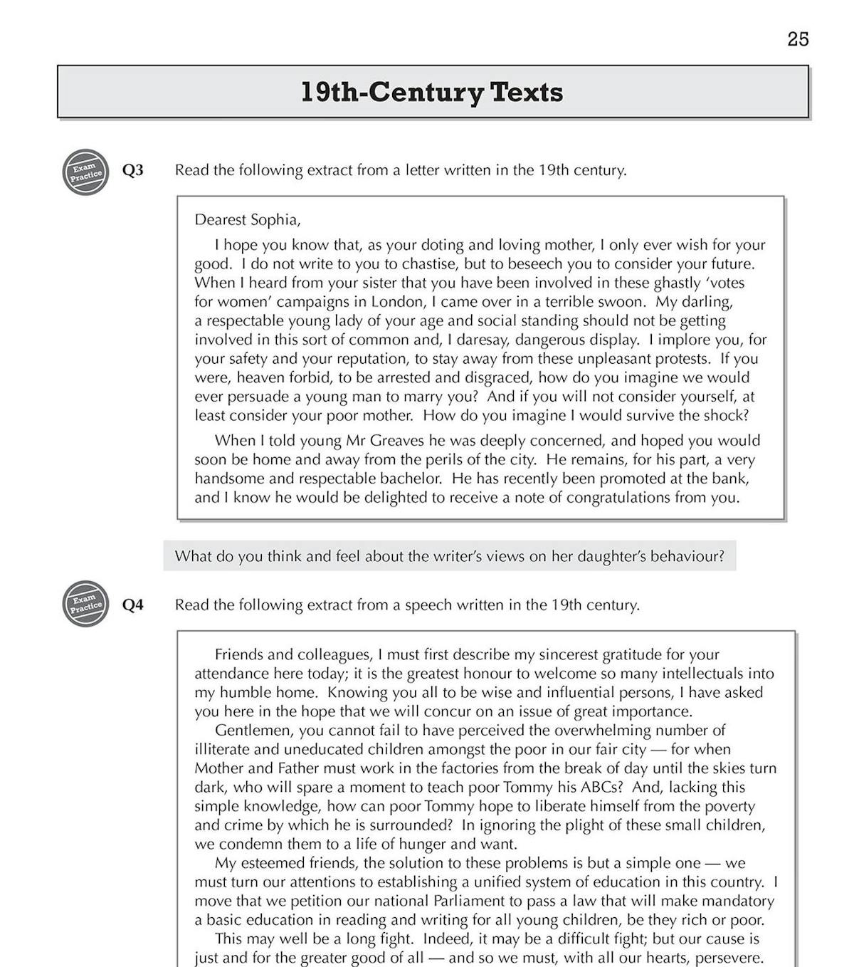 Sample page showing 19th-century text comprehension questions from the WJEC Eduqas workbook