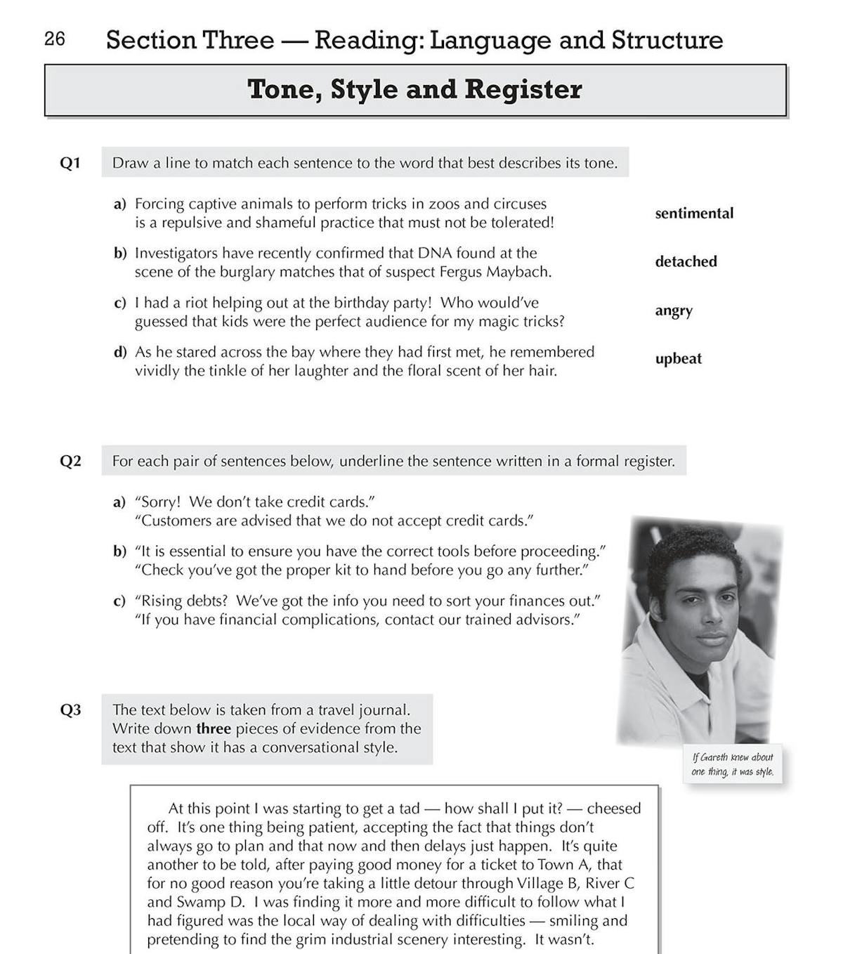 Sample page showing tone, style and register questions with matching exercises