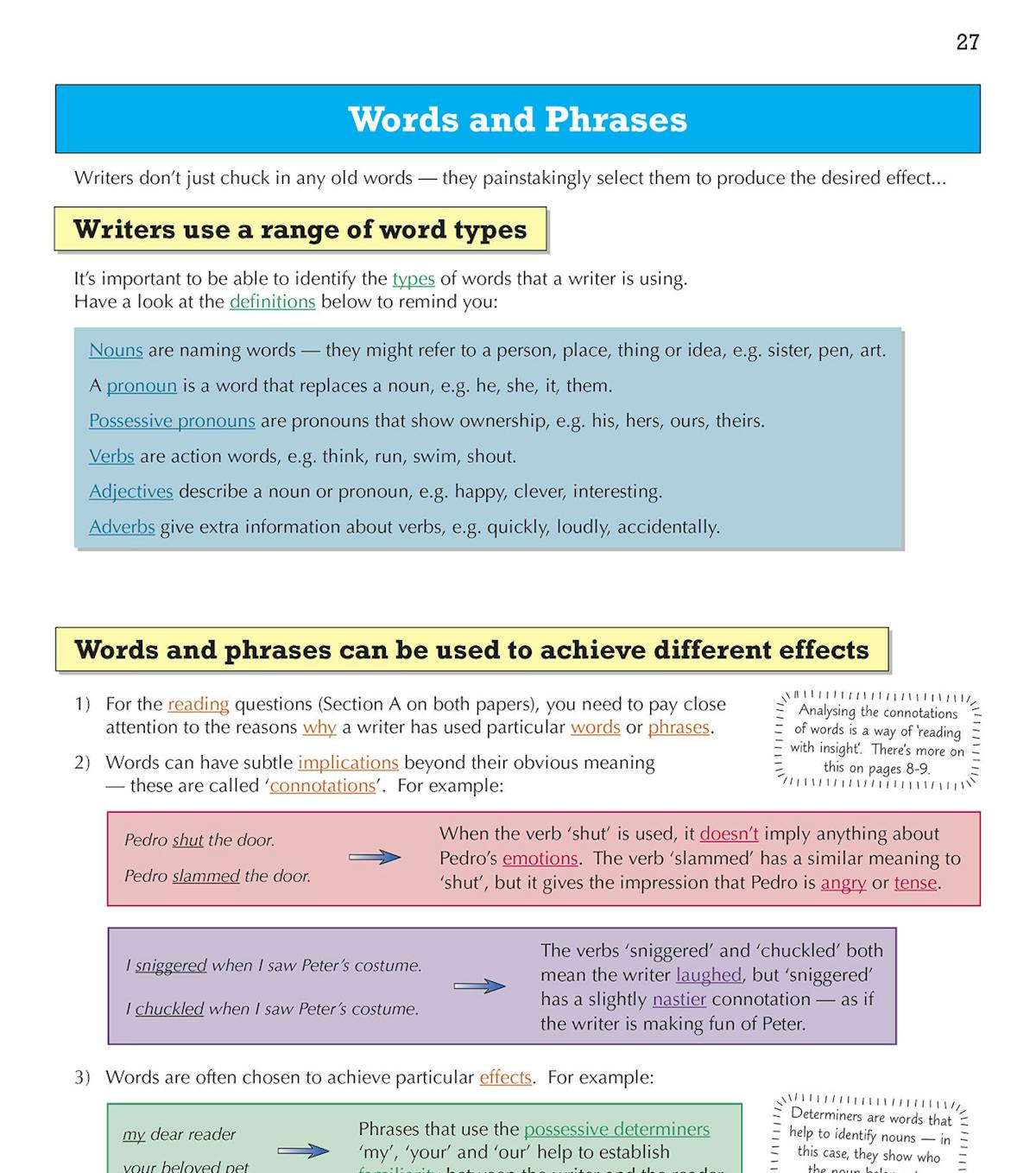 Page showing word and phrase analysis with coloured examples