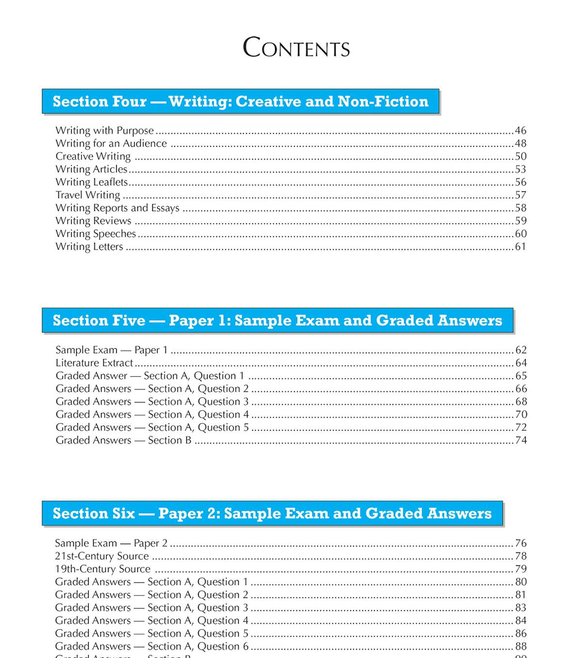 Contents page showing sections on creative writing, non-fiction, and sample exam papers