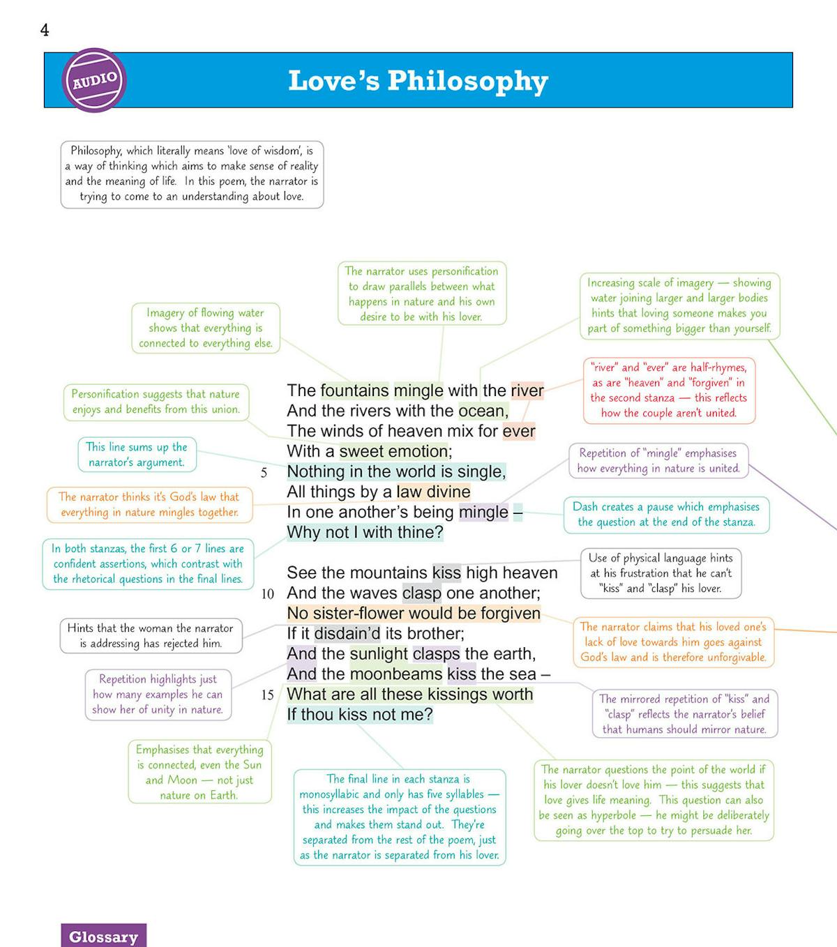 Annotated poetry page showing Love's Philosophy with detailed language and structure analysis