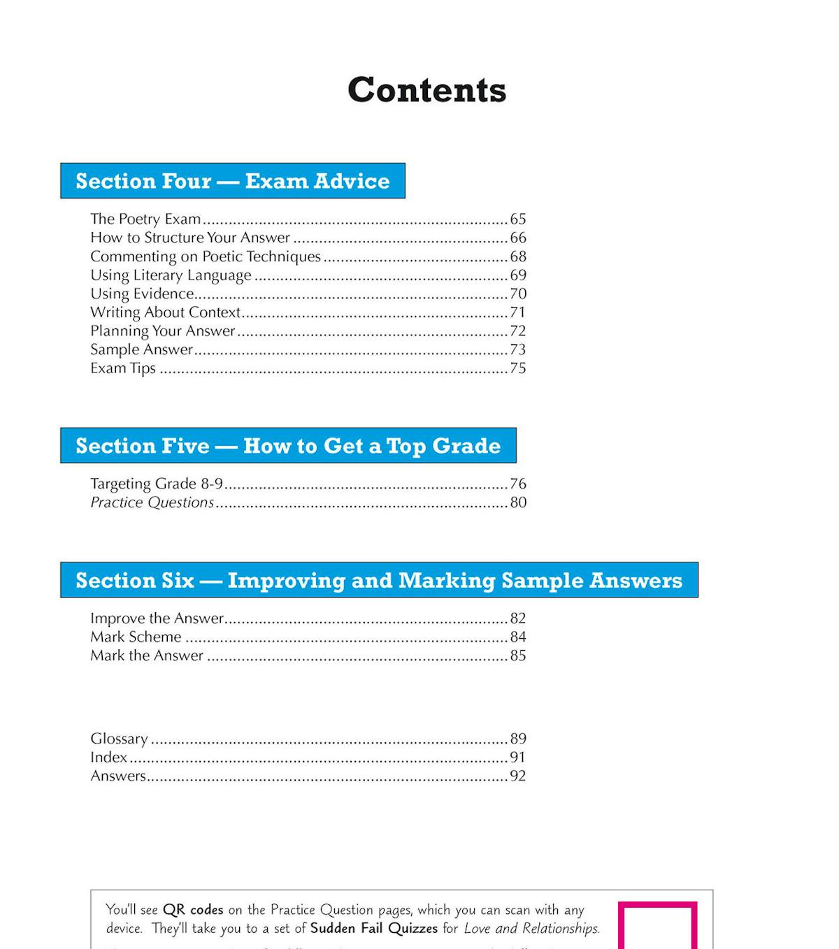 Contents page showing exam advice sections including how to structure answers and sample responses