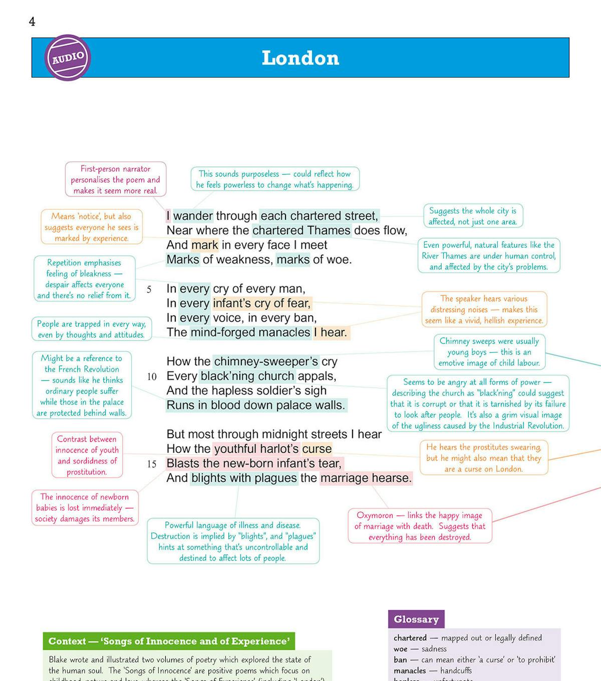 Annotated poem page from the Power and Conflict guide showing detailed analysis and commentary