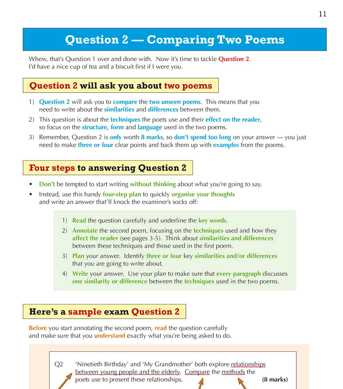 Exam advice page explaining how to compare two poems in Question 2