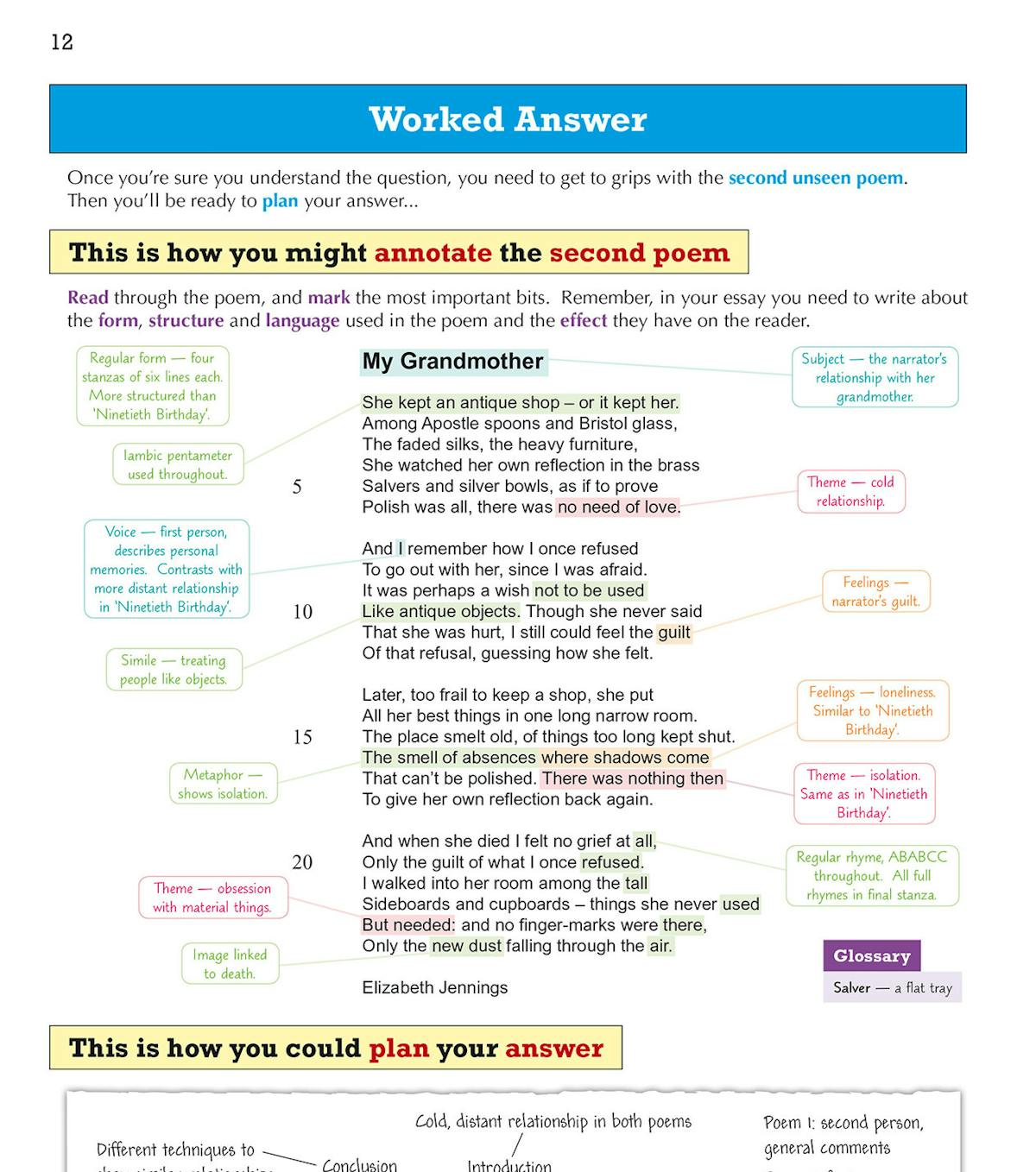 Worked answer page showing annotation and planning for comparing two poems
