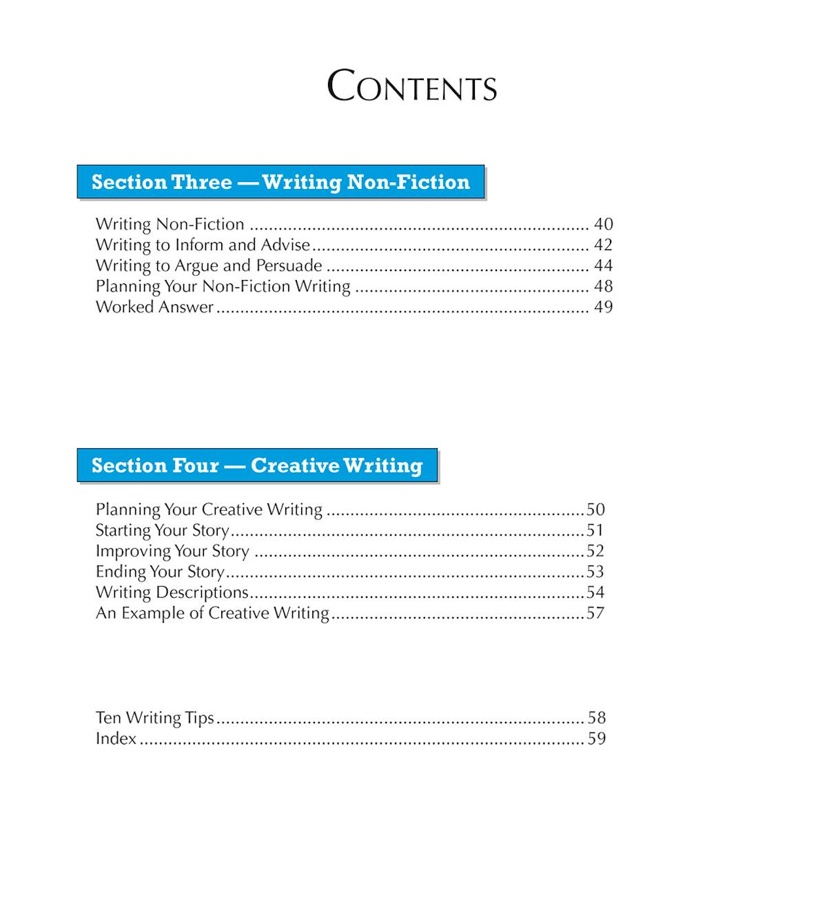Contents page showing sections on writing non-fiction and creative writing