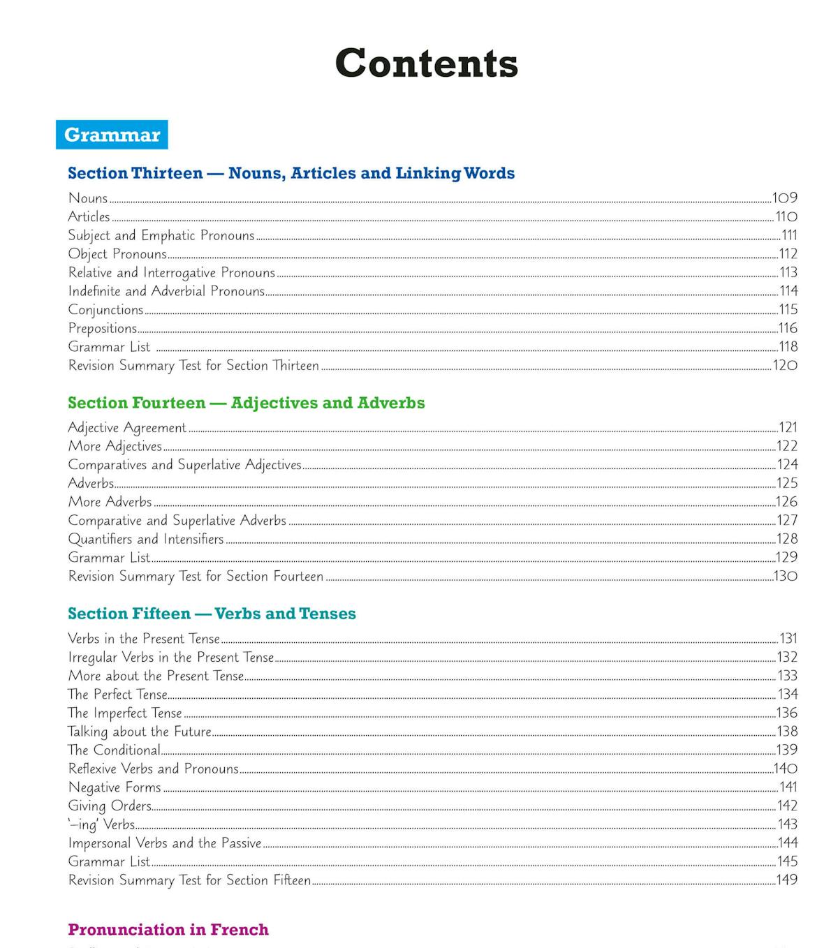 Contents page showing grammar sections including nouns, adjectives, verbs, tenses and exam advice