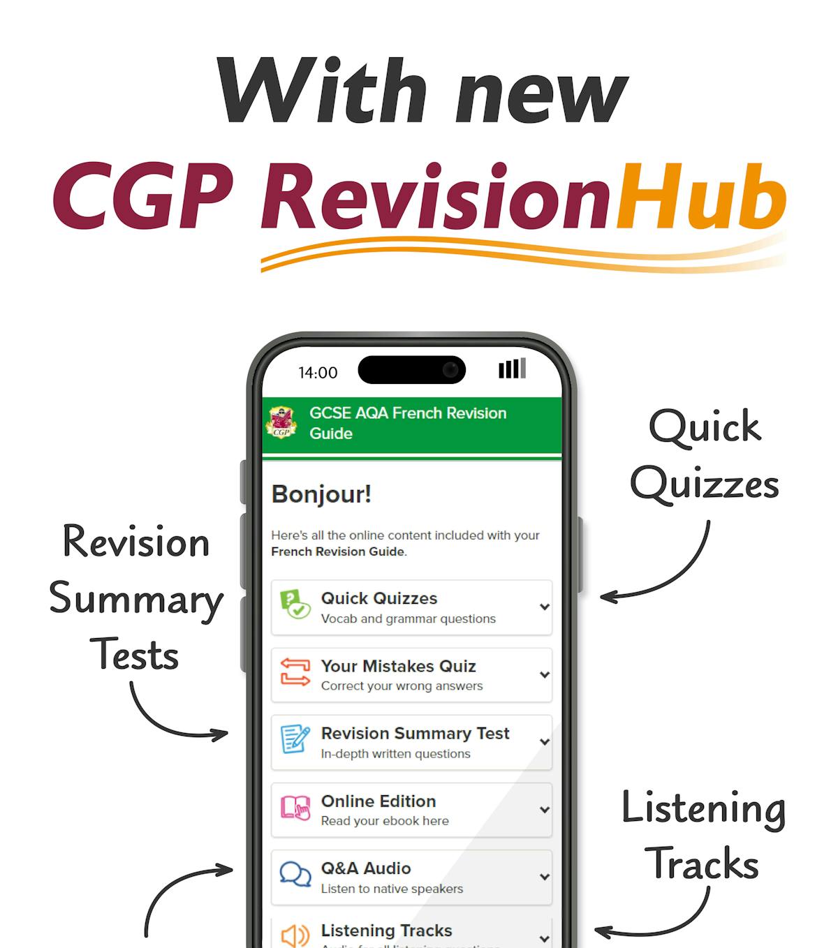 Smartphone screen displaying CGP RevisionHub interface with quick quizzes, revision tests, audio tracks and online edition options