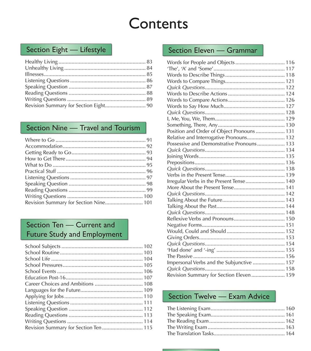 Contents page listing twelve sections from Lifestyle to Exam Advice and Practice Exam