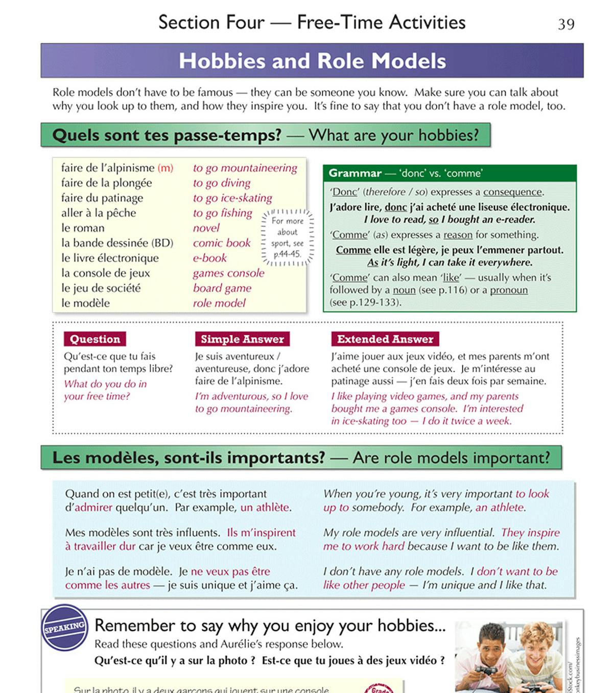 Sample page showing hobbies and role models vocabulary with grammar explanations
