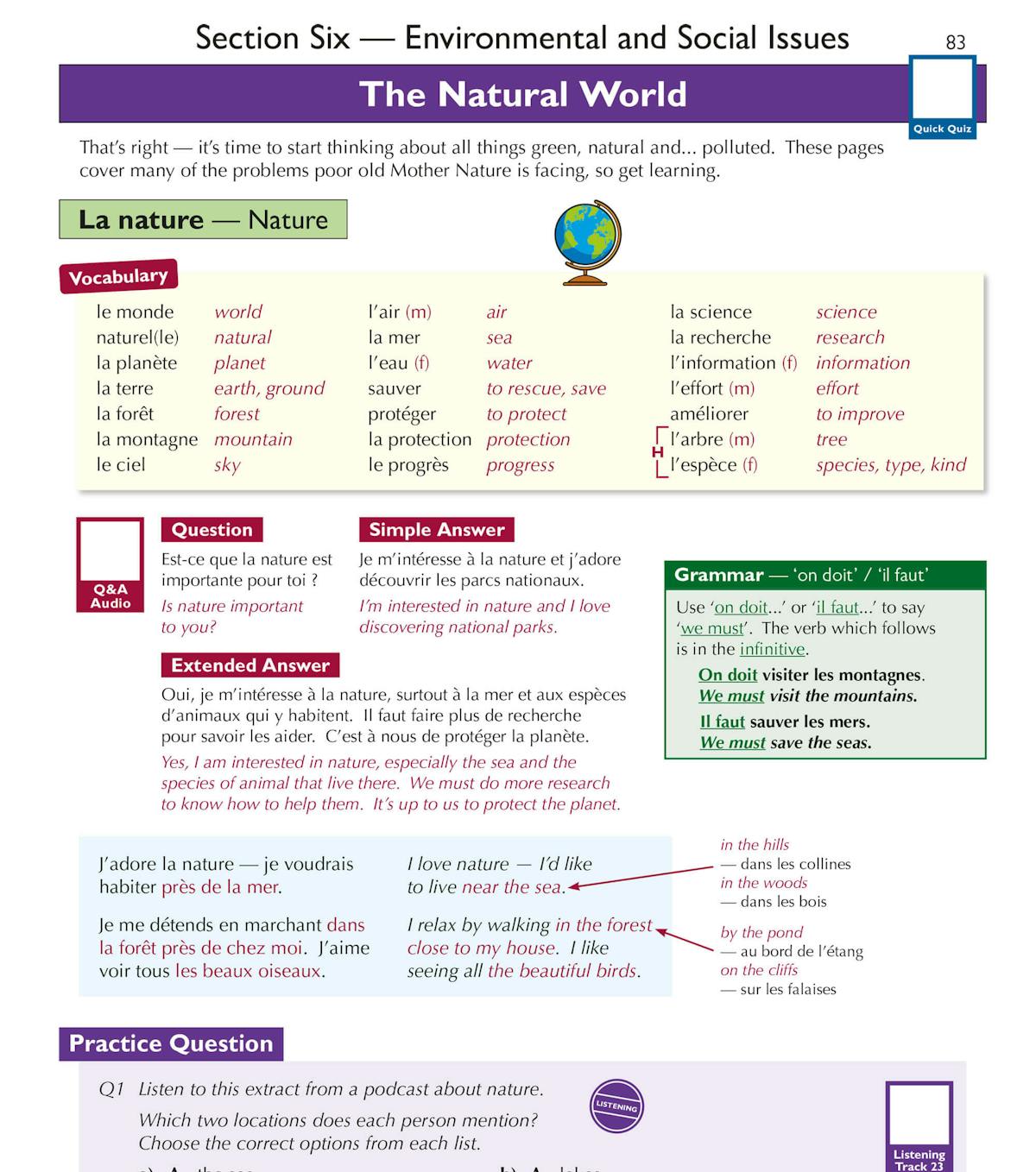 Sample page showing The Natural World vocabulary with French-English translations and example questions